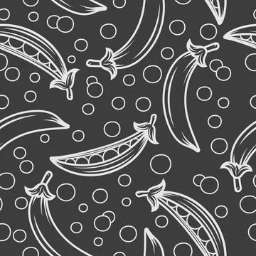 Vector Seamless Black and White Pattern with Flat Pea Pod. Cartoon Peas Design Illustrazione stock