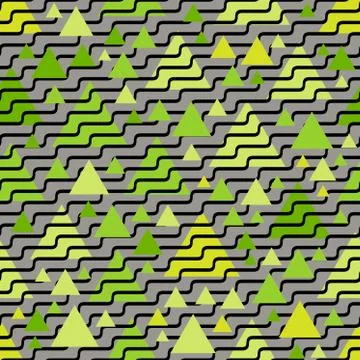 Vector Seamless Black Wavy Lines on Green Jumble Triangle Shape Pattern Stock Illustration