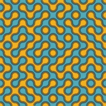 Vector Seamless Blue and Yellow Rounded Circle Maze Dashed Line Truchet Pattern Stock Illustration