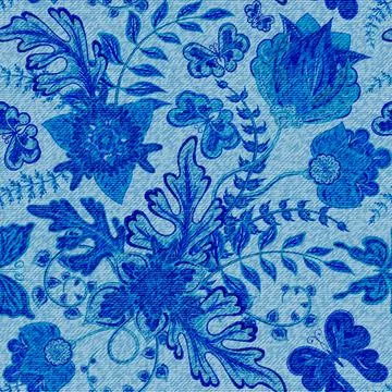 Vector seamless blue denim textures with fantasy flower pattern on background Illustrazione stock