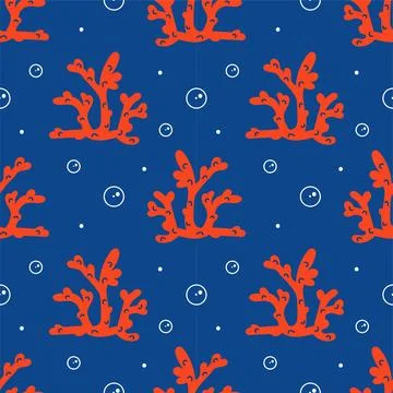 Vector seamless blue pattern. Undersea world. Red corals. Funny cute puffer f 스톡 일러스트