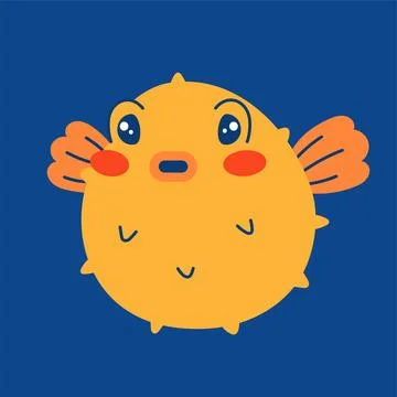 Vector seamless blue pattern. Undersea world. Red corals. Funny cute puffer f Stock Illustration