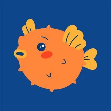 Vector seamless blue pattern. Undersea world. Red corals. Funny cute puffer f Stock Illustration