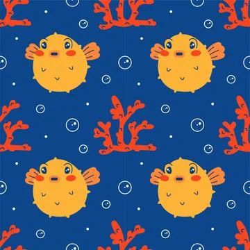 Vector seamless blue pattern. Undersea world. Red corals. Funny cute puffer f Stock Illustration