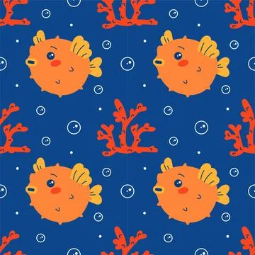 Vector seamless blue pattern. Undersea world. Red corals. Funny cute puffer f Stock Illustration