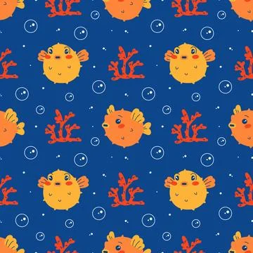 Vector seamless blue pattern. Undersea world. Red corals. Funny cute puffer f Stock Illustration