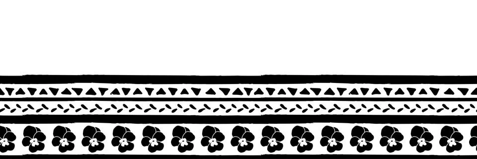 Vector seamless border with black and white color pansy hand drawn stripes and Illustrazione stock