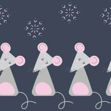 Vector seamless border with cute cartoon mice and snowflakes . Funny rat . Sy Stock Illustration