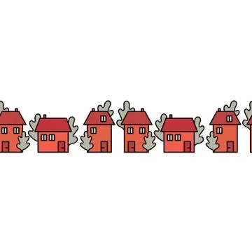 Vector seamless border. Cute houses with red roofs, stylized trees. Stock Illustration