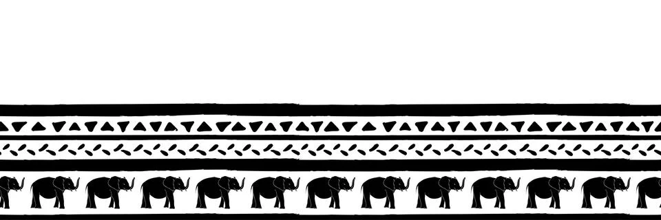 Vector seamless border with elephants hand drawn stripes and triangles . Hand Illustrazione stock
