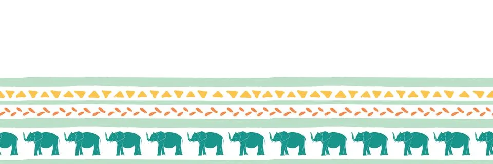 Vector seamless border with elephants hand drawn stripes and triangles . Hand Stock Illustration
