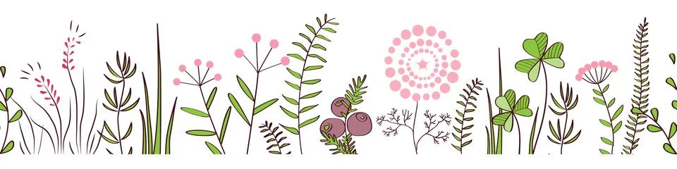 Vector seamless border with forest and meadow plants. Background for frames, Stock Illustration