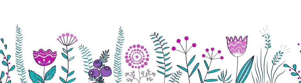 Vector seamless border with forest and meadow plants. Background for frames, Stock Illustration
