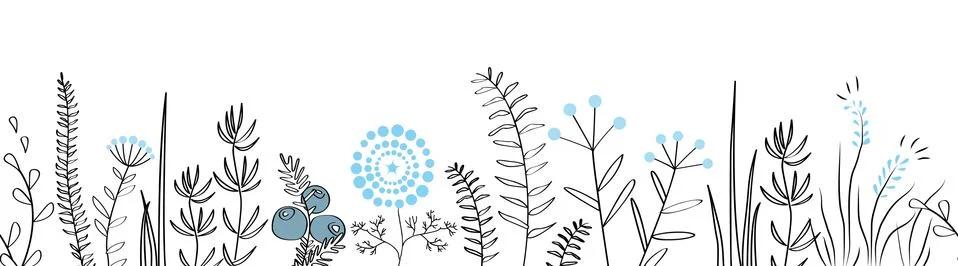 Vector seamless border with forest and meadow plants. Background for frames, Stock Illustration