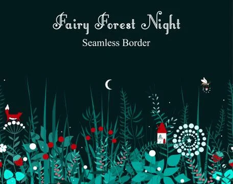 Vector seamless border with forest plants, and fairy house. Background for fr Stock Illustration