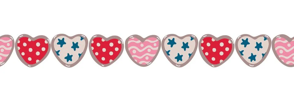 Vector seamless border with hearts decorated with patterns. 스톡 일러스트