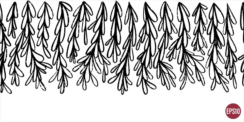 Vector seamless border with ink drawing hanging liana look floral elements... Illustrazione stock