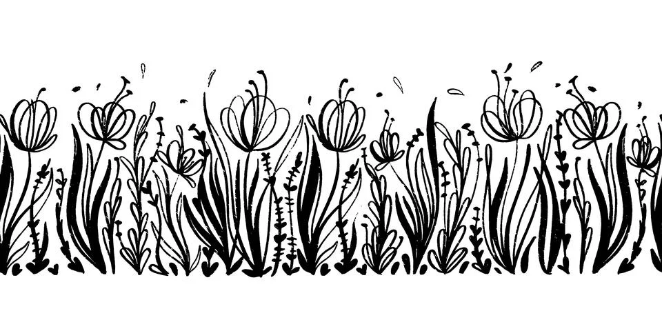 Vector seamless border with ink drawing floral elements. Hand drawn monochr.. イラスト素材