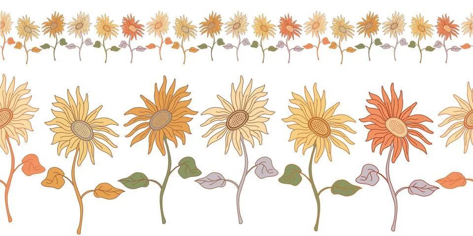 Vector seamless border with nice sunflowers. Stock Illustration