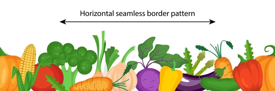 Vector seamless border pattern with fresh vegetables. Healthy vegan food. 스톡 일러스트