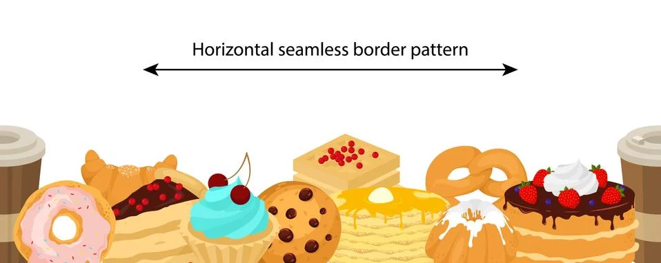 Vector seamless border pattern with sweet desserts. Yummy pastry and bakery Stock Illustration