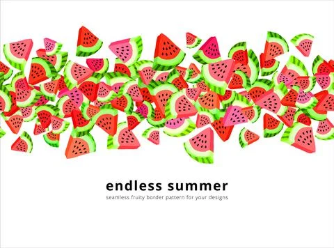 Vector seamless border pattern with watermelon slices. Colorful hand-drawn .. Stock Illustration