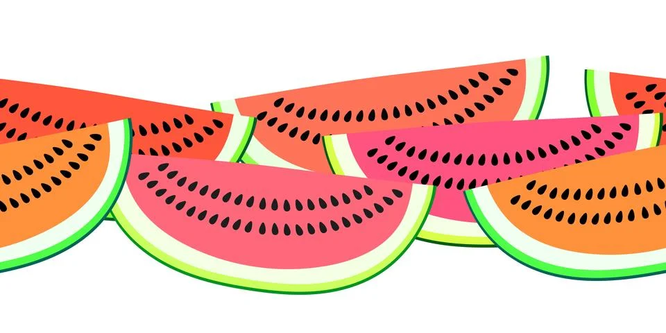 Vector seamless border pattern with watermelon slices. Colorful hand-drawn re 스톡 일러스트