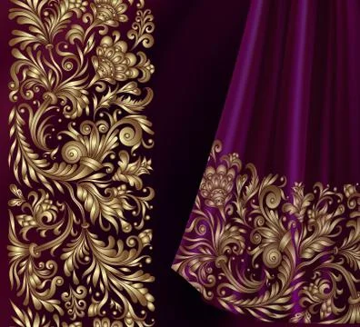 Vector seamless border in Victorian style. Seamless golden border on pirple silk Stock Illustration