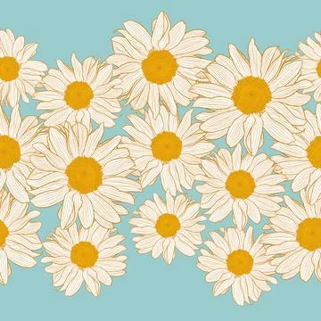 Vector seamless border of yellow and white chamomile flowers on light turquoise Stock Illustration