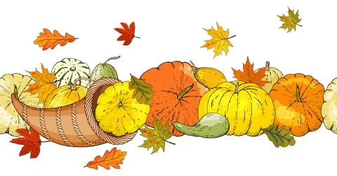 Vector seamless brush of cornucopia, symbol of Thanksgiving, pumpkin and Squa Stock Illustration