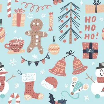 Vector Seamless Cartoon Christmas Pattern. Christmas tree and baubles, gifts, 스톡 일러스트