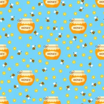 Vector seamless cartoon pattern with jar of honey and bees on blue background Stock Illustration