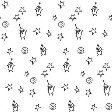 Vector seamless childish pattern with cute outline monsters aliens, space doo Stock Illustration