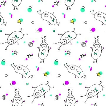 Vector seamless childish pattern with cute outline monsters aliens, space doo イラスト素材