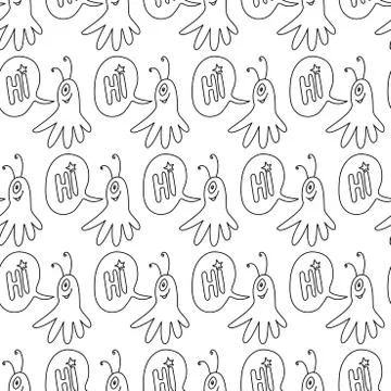 Vector seamless childish pattern with cute outline monsters aliens, space doo Stock Illustration
