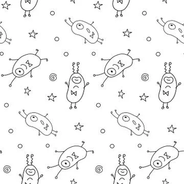 Vector seamless childish pattern with cute outline monsters aliens, space doo 스톡 일러스트