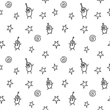 Vector seamless childish pattern with cute outline monsters aliens, space doo Stockillustratie