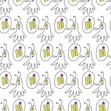 Vector seamless childish pattern with cute outline monsters aliens, space doo 스톡 일러스트