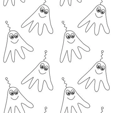 Vector seamless childish pattern with cute outline monsters aliens, space doo イラスト素材