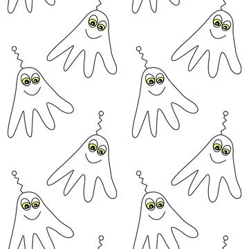 Vector seamless childish pattern with cute outline monsters aliens, space doo Stockillustratie