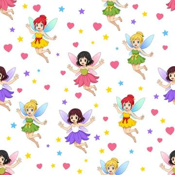 Vector seamless childish pattern with fairies, stars and hearts. Stock Illustration