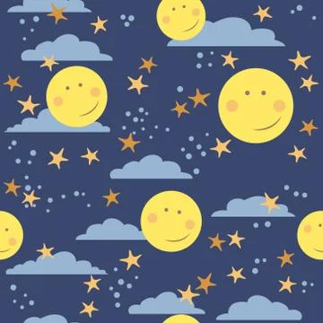 Vector seamless childish pattern with moons, stars and clouds 스톡 일러스트