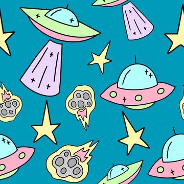 Vector Seamless childish space pattern with rockets, asteroids and ufo. Stock Illustration