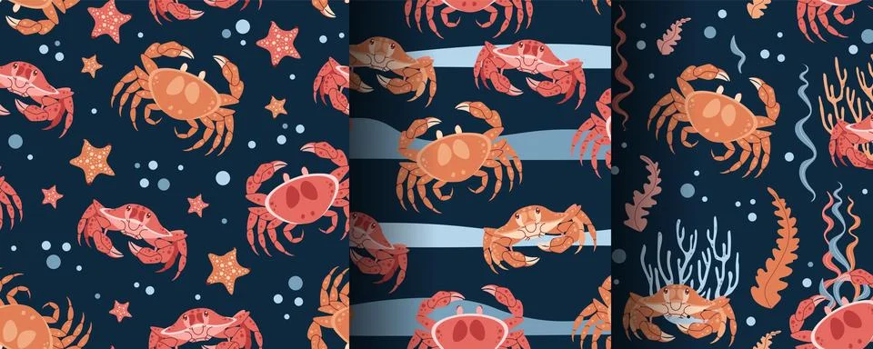 Vector seamless children s pattern with colorful crabs, shells and starfish.. Stock Illustration