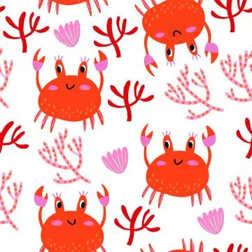 Vector seamless childrens pattern with colorful crabs, shells and starfish on a Stock Illustration