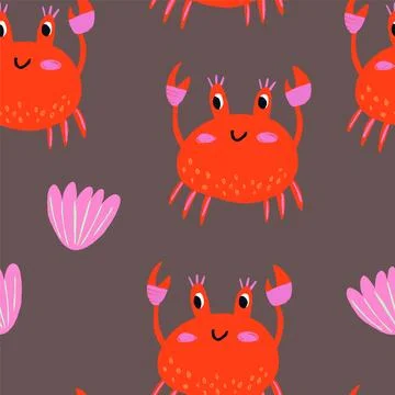 Vector seamless childrens pattern with colorful crabs, shells and starfish on a Stock Illustration
