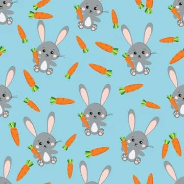 Vector seamless childrens pattern with cute rabbit and carrot on blue backgro Stock Illustration