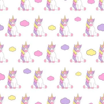 Vector seamless children's pattern. Unicorns with clouds イラスト素材