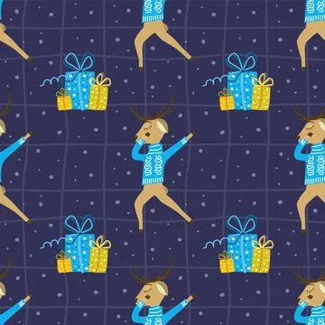 Vector seamless Christmas pattern with cute dancing deer in a sweater and New イラスト素材