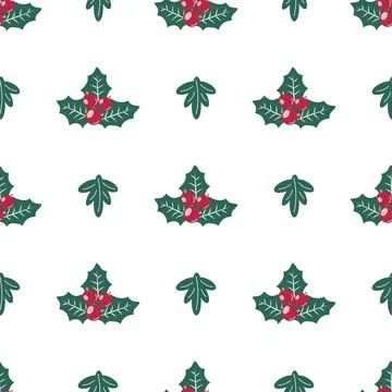 Vector seamless Christmas pattern with holly, berries and snowflakes, festive Stock Illustration